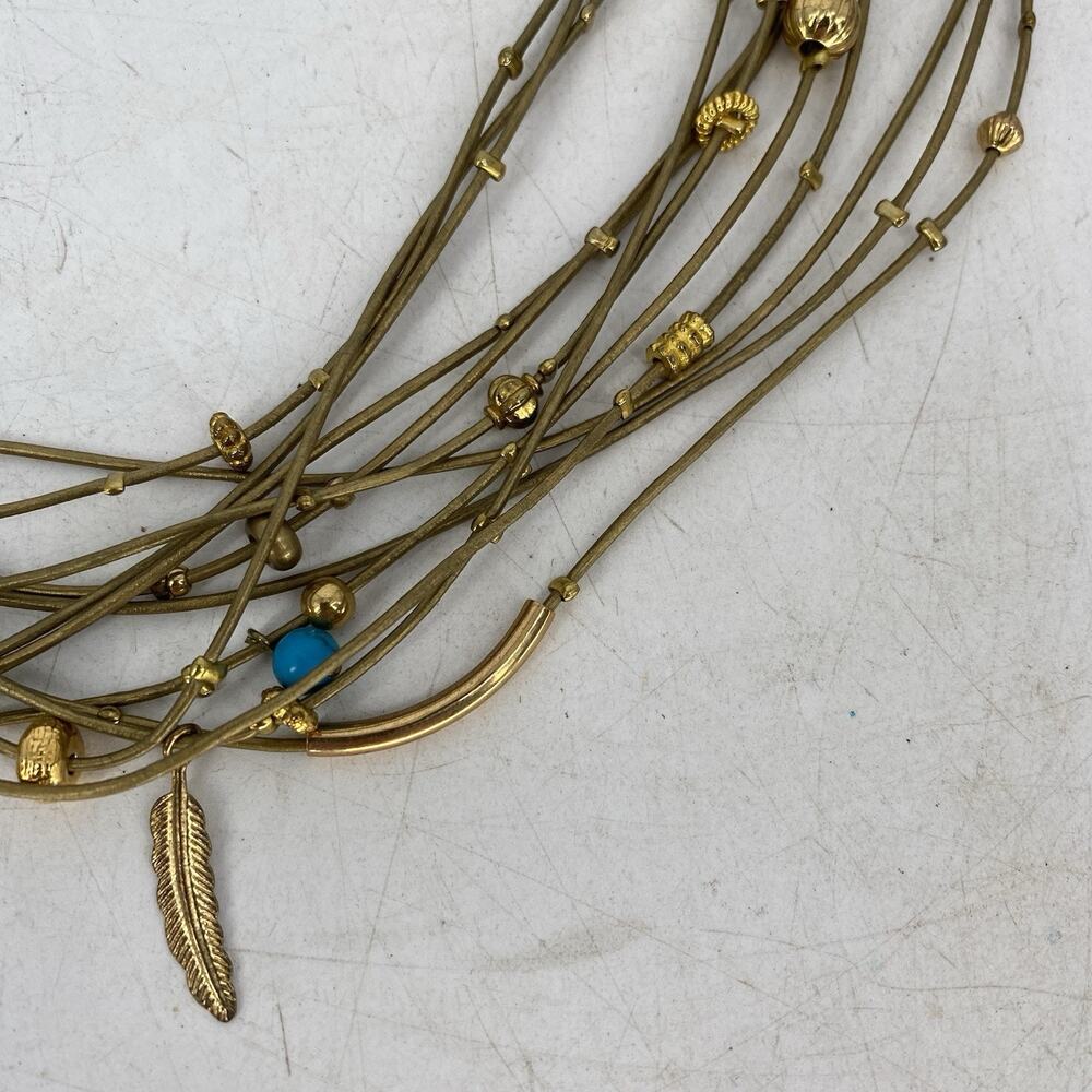 Vintage Multi Strand Charm Necklace Gold Tone Turquoise Beads Boho Layered - Picture 7 of 8